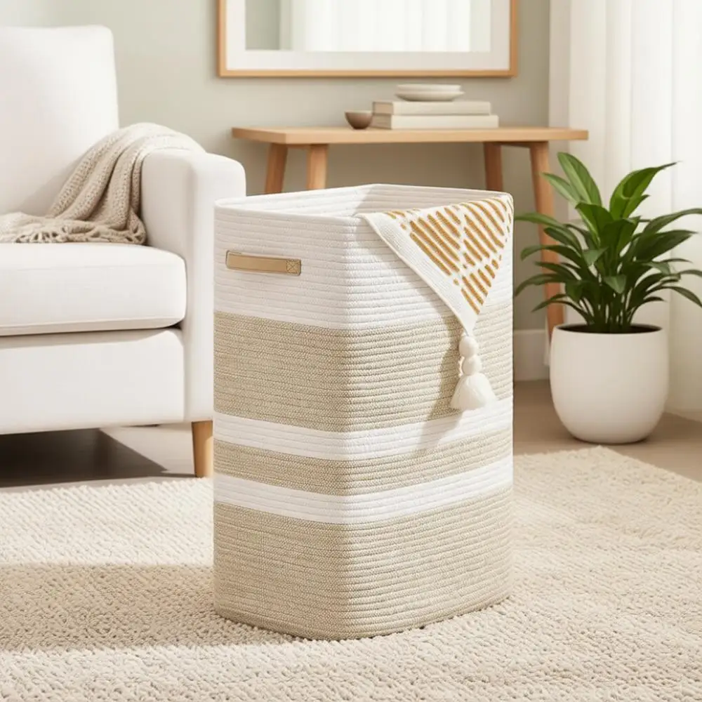 

Leather-Handled Woven Basket for Toys, Pillows, Blankets, and Laundry in Brown & White