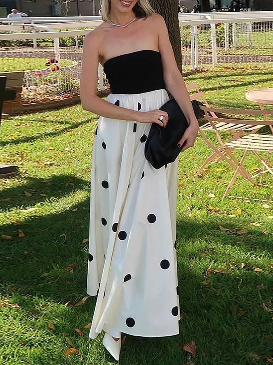 Women Strapless Polka Dot Printed Party Strapless Long Dress Summer Printed A-Line Cocktail Beach Streetwear, Aesthetic Clothing