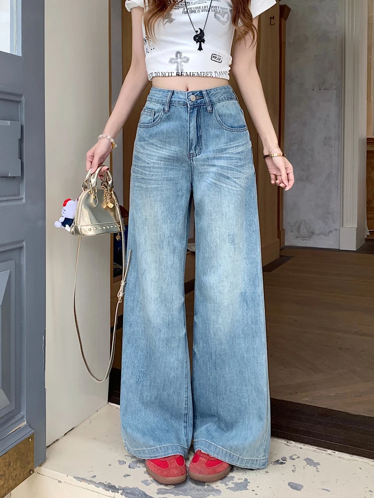 

Светло-голубые винтажные джинсы с высокой талией и прямыми штанинами для женщин, весна 2026, новые, стройнящие, универсальные, длинные брюки