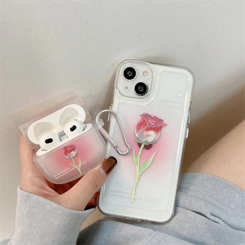 Ins Girls Pink Rose TPU Cover For Apple Airpods1 2 Pro Earphone Soft Clear Protector Case For Airpods 3 Bluetooth Headphone Case