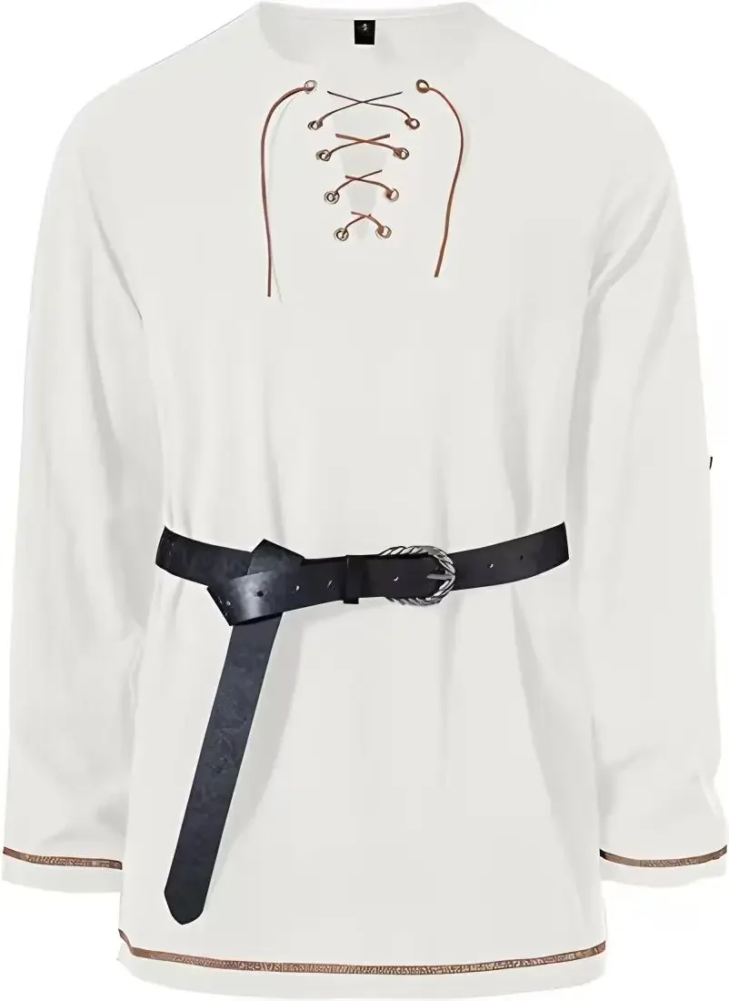 Mittelalterliches Schnürhemd für Herren mit Gürtel, langärmelig, Vintage-Piraten-Wikinger-Oberteil, Halloween-Cosplay-Kostüm, lässige Bluse – Detail 34