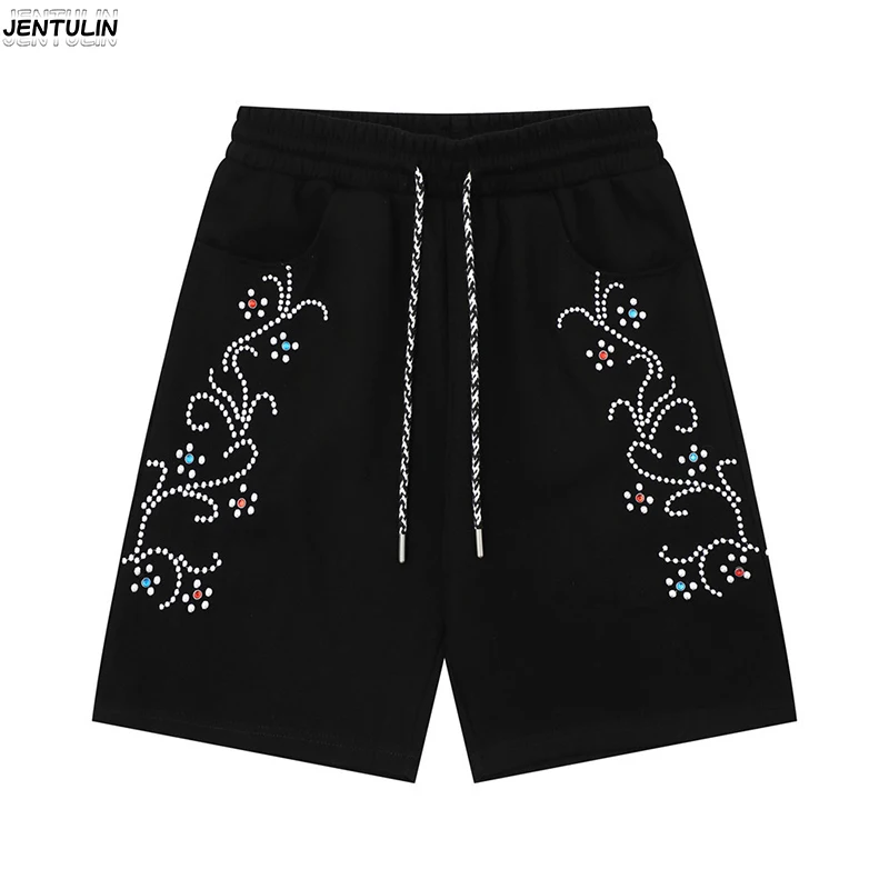 Harajuku Hot Diamond Embroidered Casual Shorts Summer Men's Vibe Fashion Hip Hop Trendy Sports Loose Pentagram Pants For Men Y2k