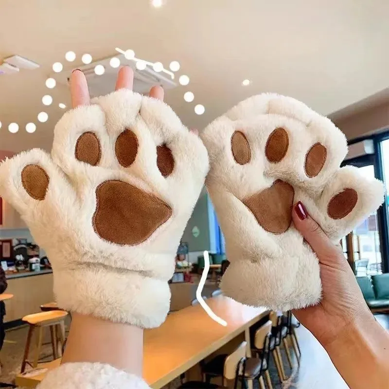 Winter Lovely Plush Cartoon Cat Claw Paw Mittens Warm Soft Plush Short Fingerless Fluffy Bear Gloves Costume Half Finger Gloves