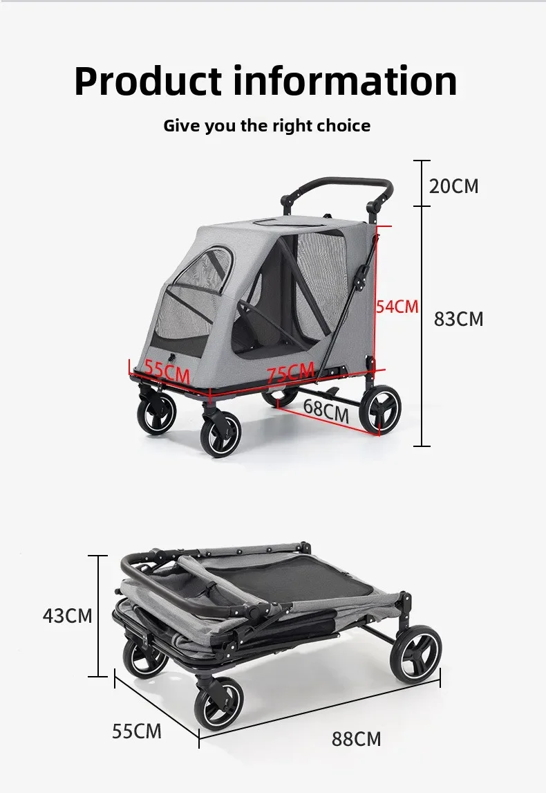 Large Capacity Foldable Pet Stroller Portable Outdoor Trolley for Senior or Injured Dogs & Cats