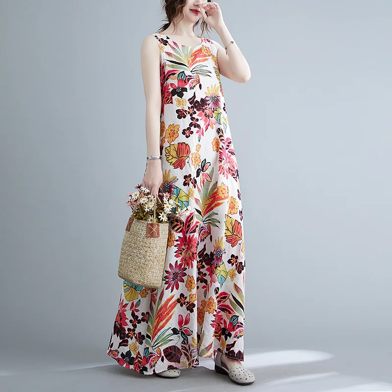 Estate nuove donne vintage allentate stampate senza maniche in cotone e canapa abito moda donna canotta abiti con cinturino maxi abiti