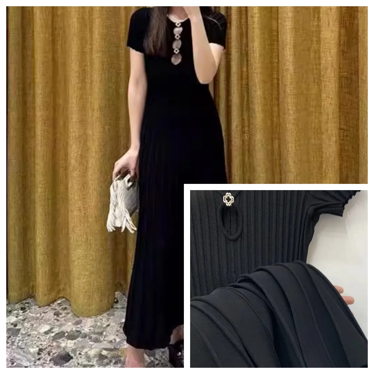 

Women Hollow out Black Knit Midi Dress Short Sleeve Elegant O-neck 2026 Spring Summer Female Robes