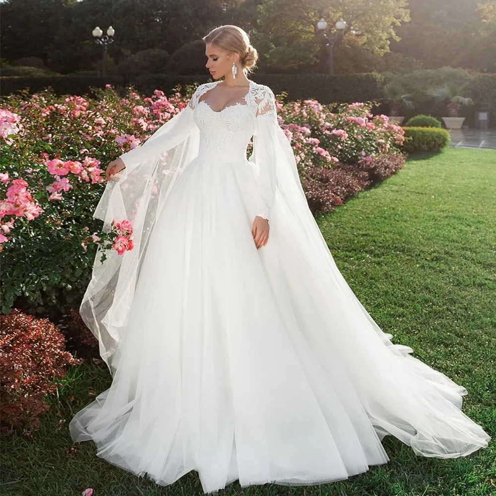 Custom 2026 Sweetheart Neck Pearls Up Back Beading Appliques Wedding Dress Elegant With Long Sleeve Shawl Pieces Bridal Gowns