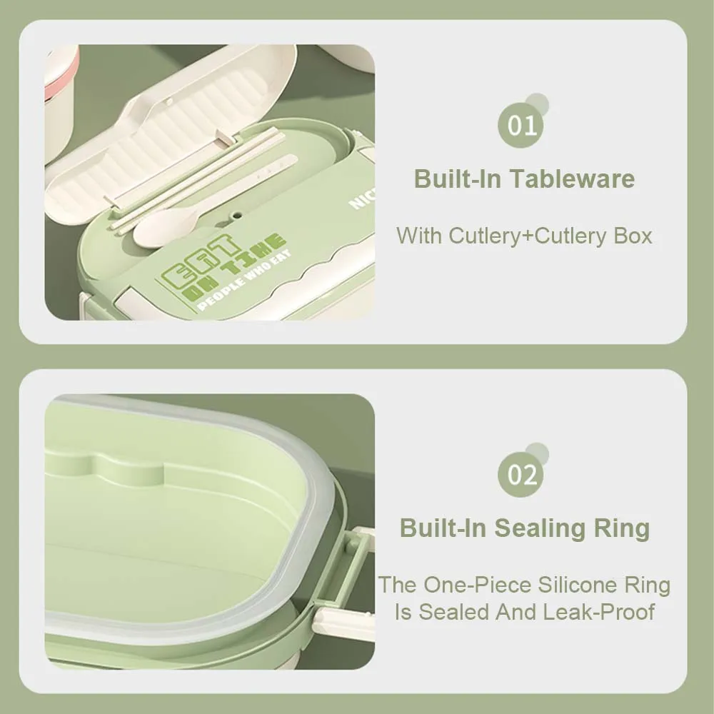 304 stainless steel lunch box with chopsticks and spoon, leak proof locking lid, separated food compartment lunch box view 3