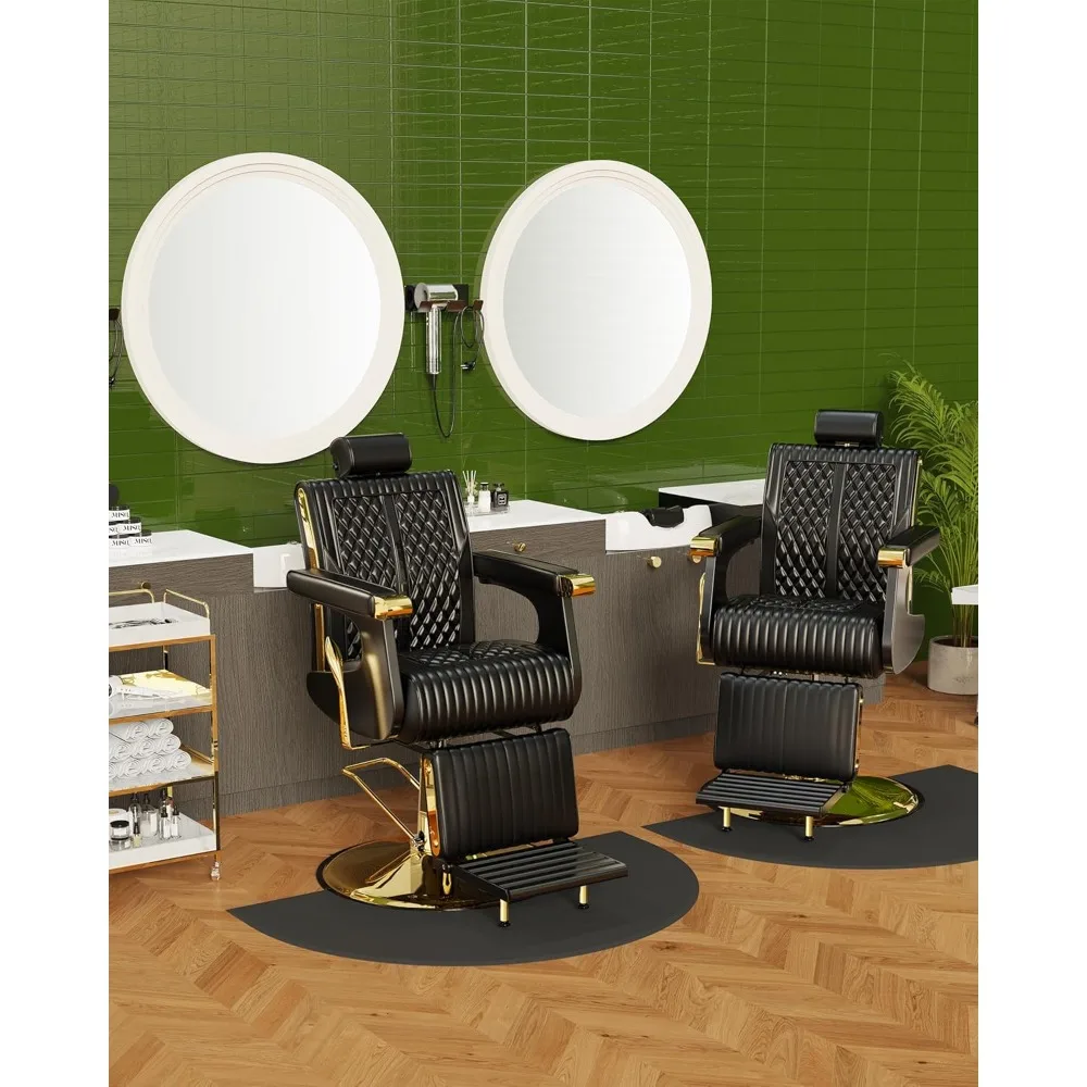 高級クラシックな黒と金の理髪椅子、リクライニングと取り外し可能なヘッドレスト付き