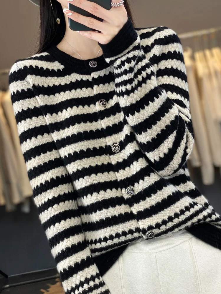 2024 New Women Striped Cardigan Autumn Winter O-neck Long Sleeve Thick Cashmere Sweater 100% Merino Wool Knitwear Female CLothes