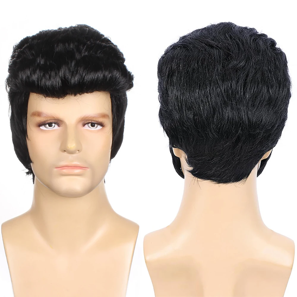 

Elvis Presley Wig For Men Black Pompadour Wig With Sideburns 50s Rock and Roll Costume Wig For Halloween Cosplay Party