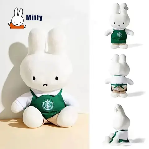 Muñeco de peluche Kawaii Miffy, delantal bonito de Starbucks, ropa, muñeca de conejo de dibujos animados, muñeca periférica, decoración, juguete divertido, regalo para niña