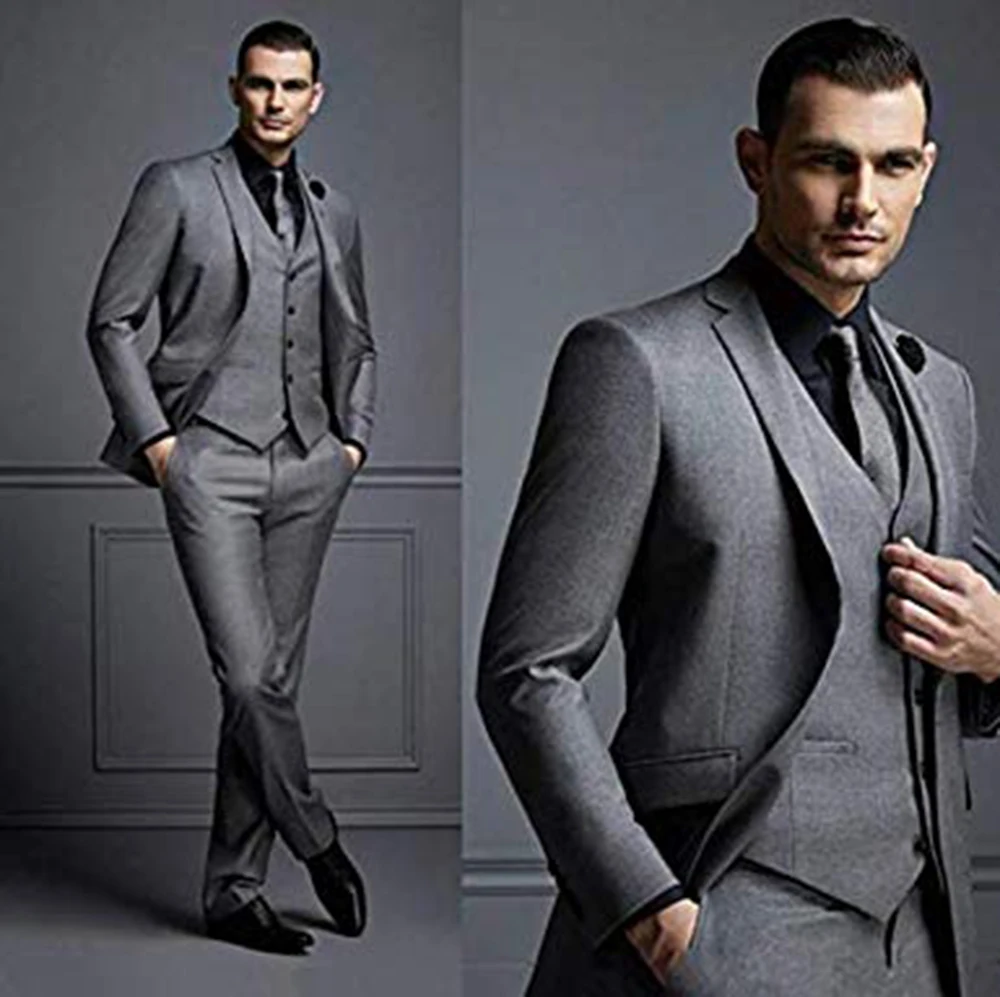 High Quality Groomsmen Notch Lapel Groom Tuxedos Grey Men Suits Wedding/Prom/Dinner Best Man Tuxedos (Jacket+Pants+Vest)