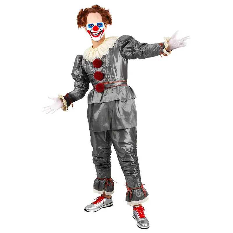 

Страшный серебряный костюм для взрослых, жуткий клоун с капюшоном, наряд убийцы ужасов, комплект для косплея на Хэллоуин, праздничный костюм для мужчин и женщин fj^5