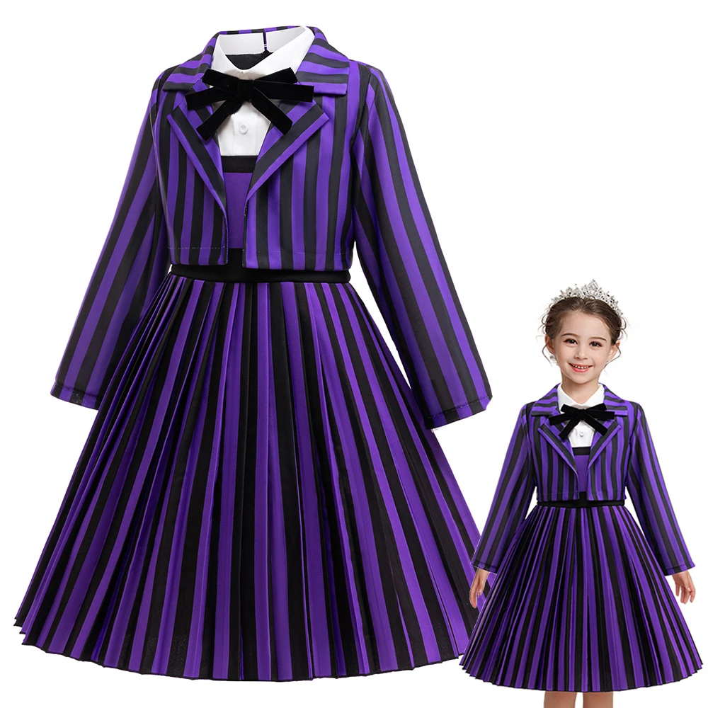 

Purple Striped Sets For Children Uniform Formal Girl Princess Dress Halloween Wednesday Cosplay Costumes Girls Party Dresses