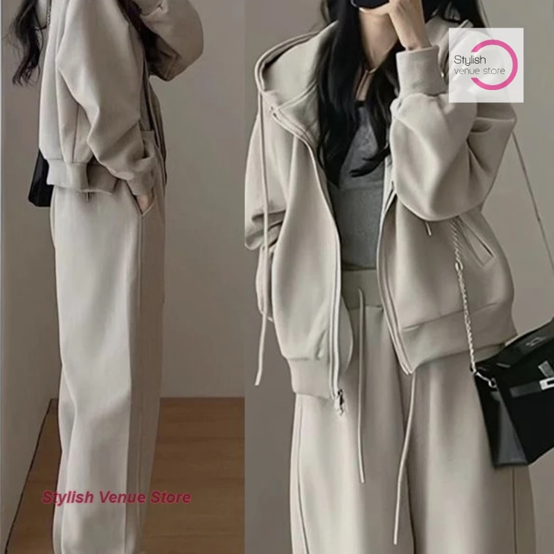 

Korean style fashion suit women's autumn and winter high sense hooded sweater wide-leg pants sports and leisure two-piece suit