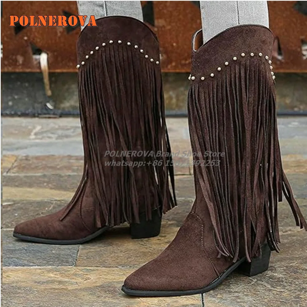 Dark Coffee Rivet Fringe Women Retro Boots Pointed Block Heel V-Cut Slip On Plus Size Fashion Mid-Calf Boots 2024 Autumn Winter