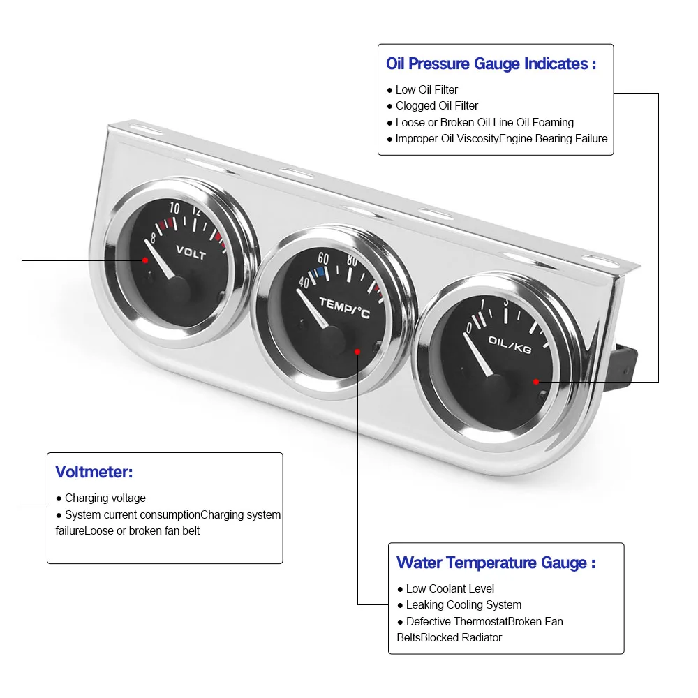 Universal 2INCH 52mm Triple gauge Kit Volt Meter Water Temp Gauge Oil press Gauge With Sensor 3 in 1 Car Gauge Kit Car Meter