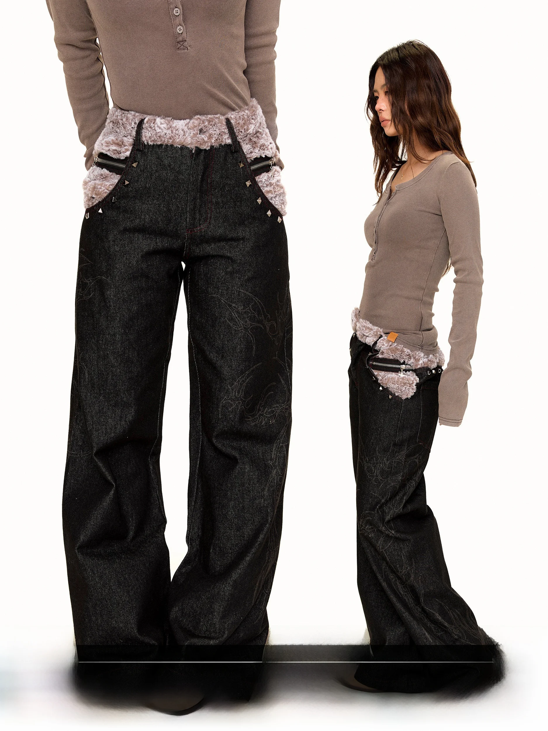 Blackbb American Retro Design Sense Furry Splicing Rivet Denim Pants Women Lightweight Draping Wide Leg Trendy Casual Cotton ...