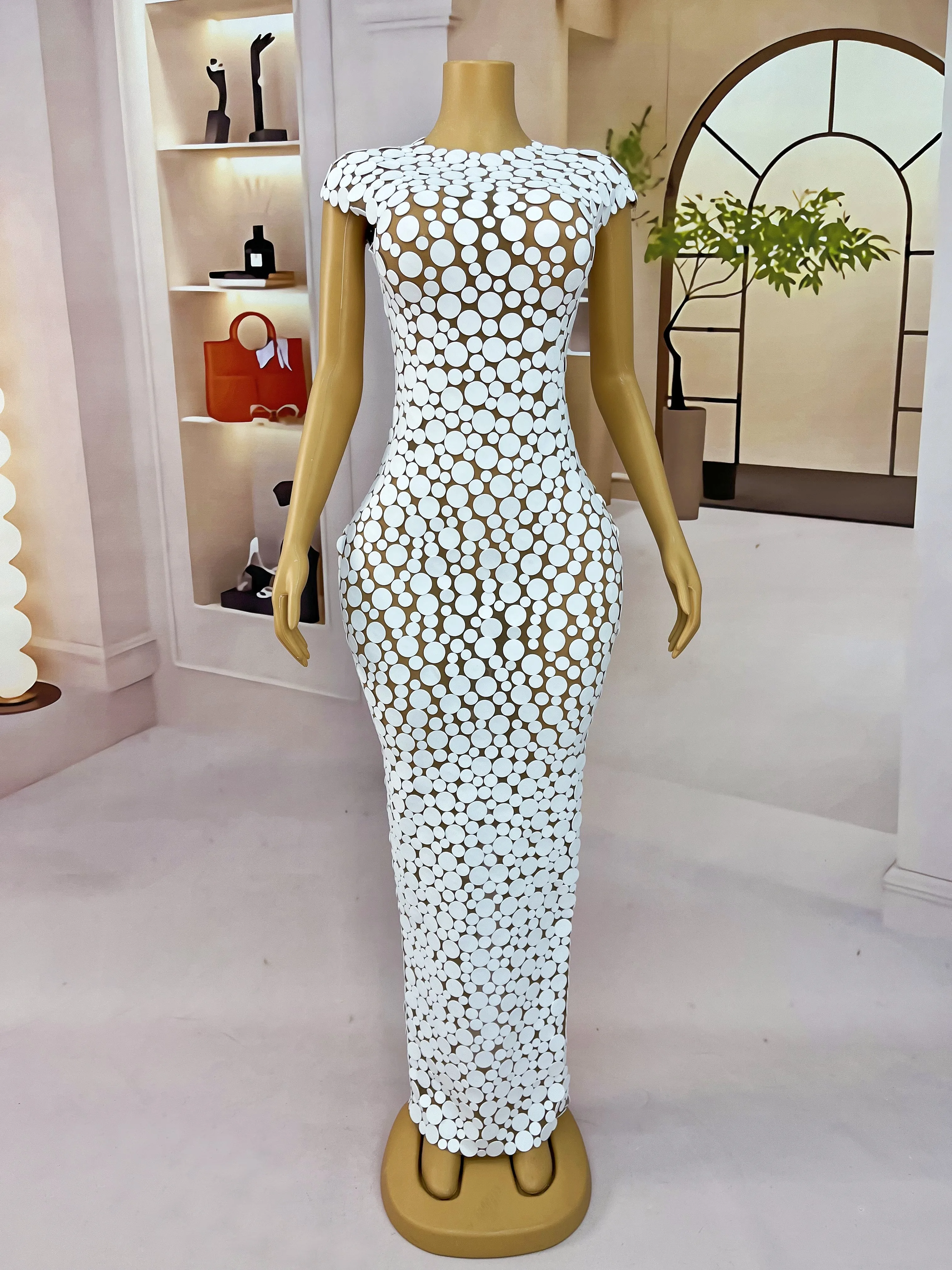 Elegance Designed White Points Foam Trim Fit Mesh Dress Women Evening Wedding Prom Gown Red Carpet Show Fashion Outfit Xiaoxue
