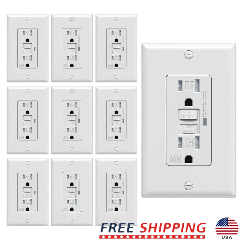 10 Pack Self-Test GFCI Outlets Tamper Weather Resistant Receptacle LED Indicator Decorative Wall Protection Ground Fault