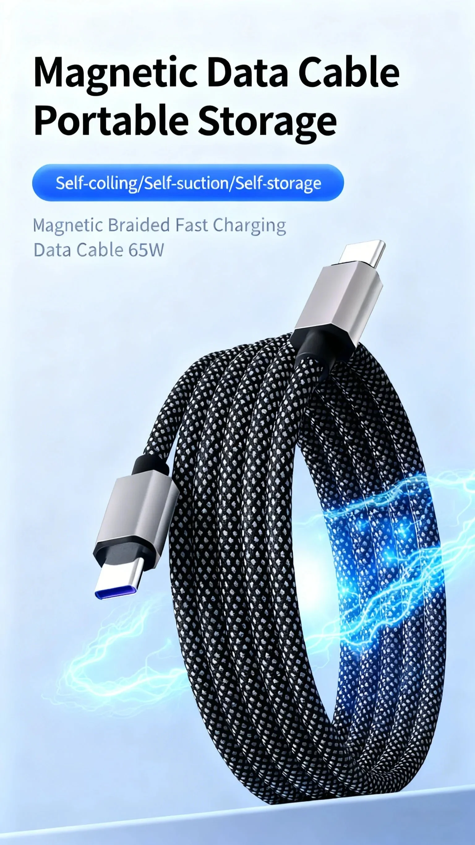 65W Magnetisches USB-C-auf-Typ-C-Ladekabel, Nylon-Geflecht, Anti-Wickel-Datenkabel, schnelles Laden 3.0 für iPhone, Samsung, Huawei – Detail 1