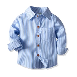 Children's Cotton Striped Long-Sleeved Shirts 2024 Spring New Boys Baby Lapel Single-Breasted Casual Pocket Shirt Cardigans