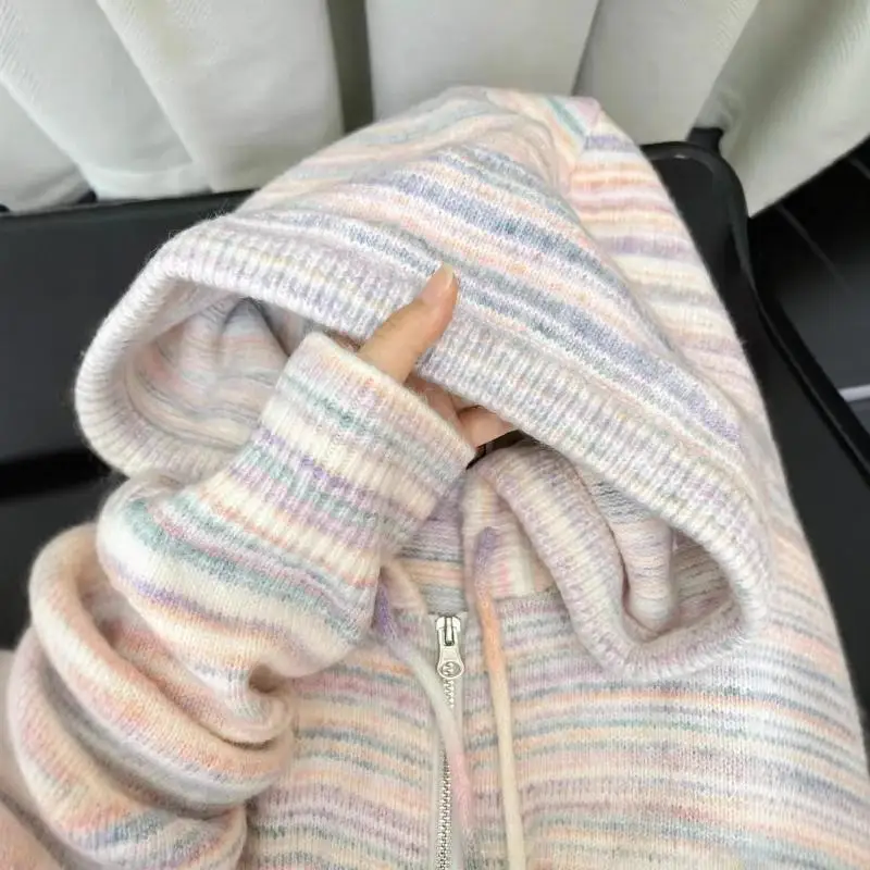 

Extra Large 300 Pou Rainbow Striped Hooded Knitted Sweater Jaet ex Autumn Winter Trendy High-End Feeling Sweater