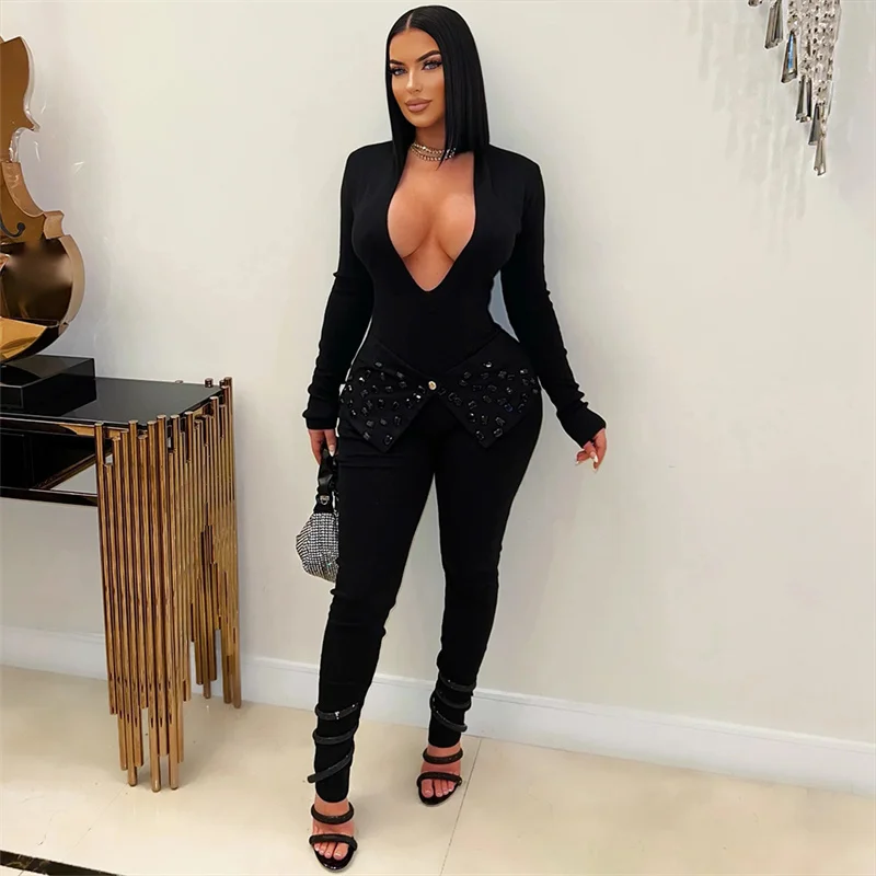 

Spring New Women 2025 Long Sleeve Deep V Neck Sexy Bodycon Party Jumpsuits Rhinestone Slim Black Red Night Club Jumpsuit Rompers