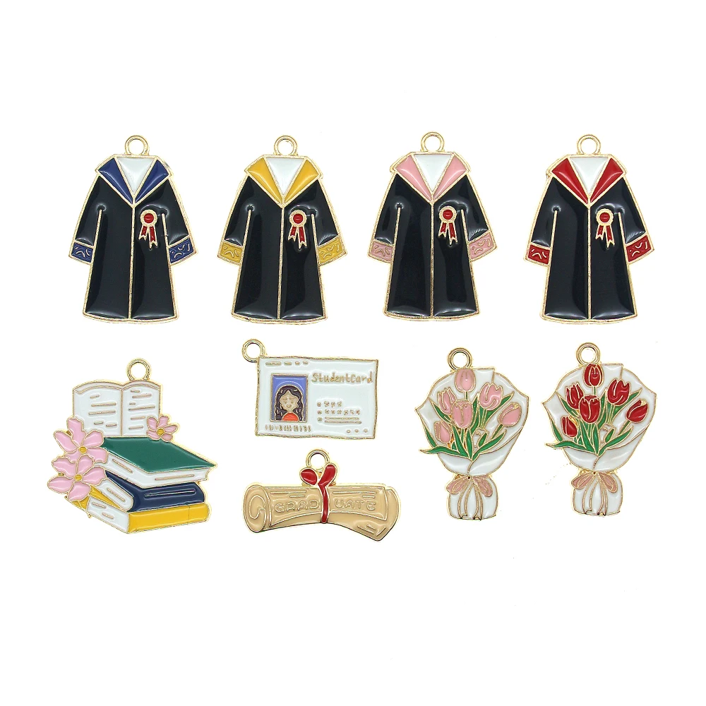 10pcs 2024 Graduation School Uniform Flowers Permit Certificate Enamel Charms Pendant For DIY Jewelry Necklace Bracelet Making