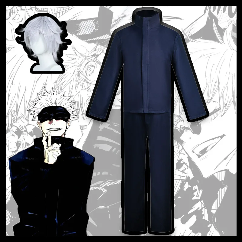 Jujutsu Kaisen Gojo Satoru مجموعة أزياء تنكرية رسمية أنيمي دقيقة الزي الأسود الفضة التدرج شعر مستعار النظارات الشمسية مخصصة