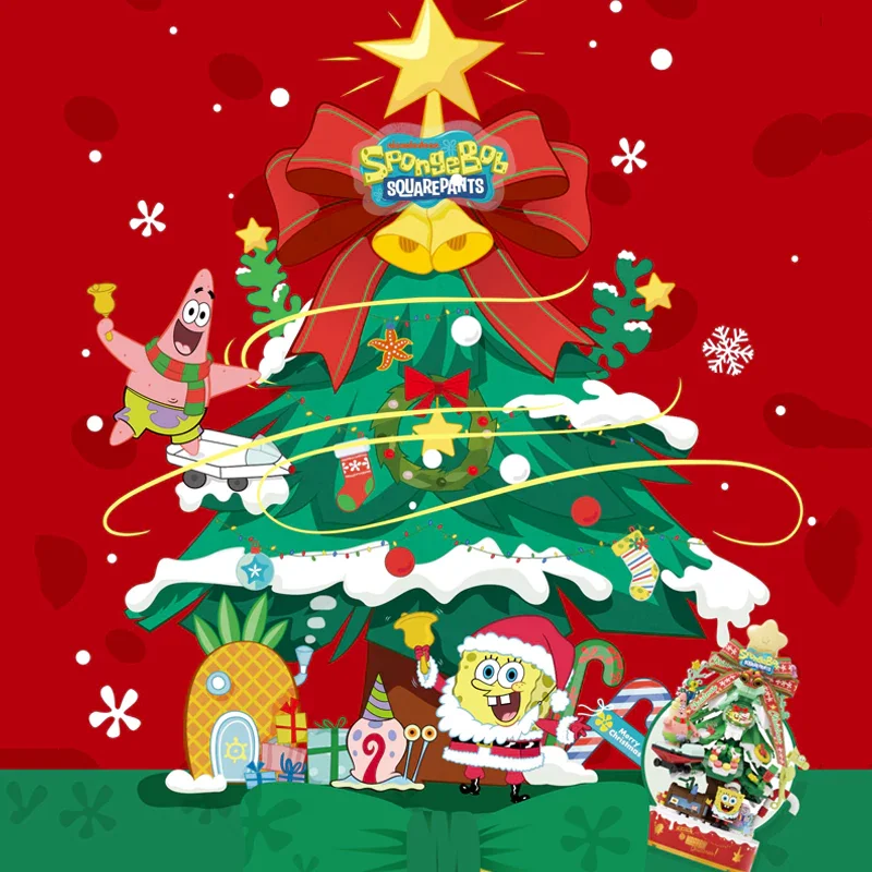 سبونجبوب سكوير بانتس شجرة عيد الميلاد صندوق تشغيل الموسيقى اللبنات مع الإضاءة سطح المكتب ديكور لغز تجميع للأطفال هدية عيد الميلاد #5