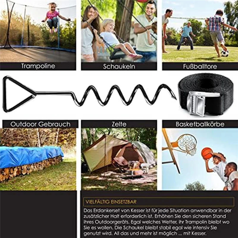 AA01-4 Ancoraggi a terra, set da 9 pezzi, attacco per trampolino, acciaio di diametro di 1 cm per avvitare, 4 cinghie e ausilio per tornitura