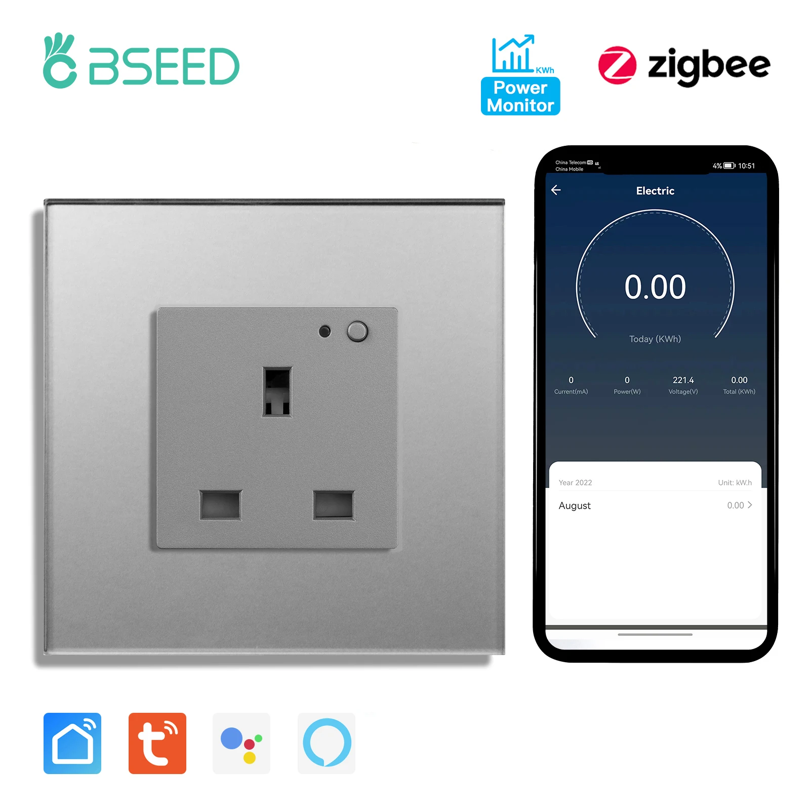 BSEED UK Standaard Zigbee Power Monitor Socket Slimme dubbele elektrische stopcontacten Tuya Smart Iife Google Home Control 13A