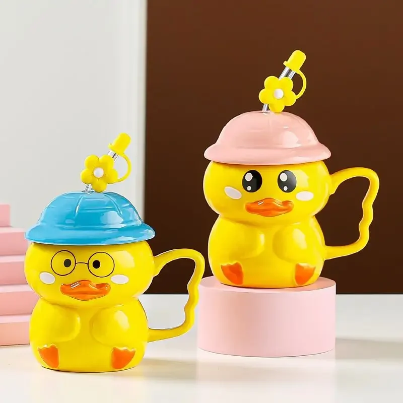 Creative 3D Yellow Duck Ceramic Mug Cute Straw Cup Coffee Mugs Free Shipping Unusual Tea Cup Personalized Gifts for Coffee Cups