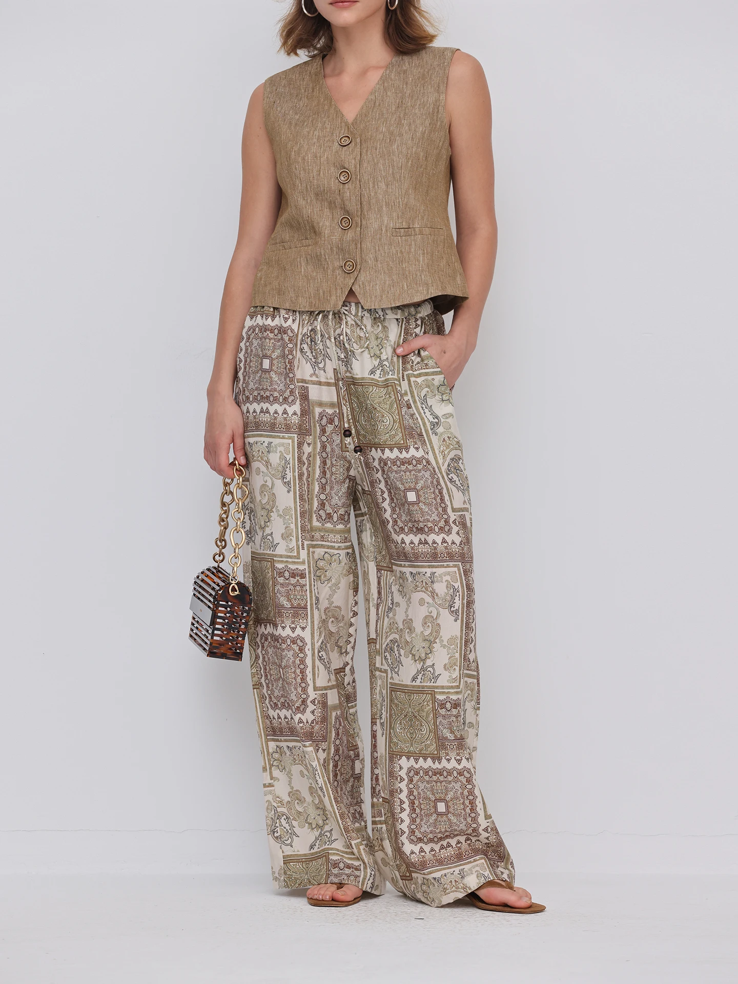 

Bohemian Print Wide Leg Pants High Waist Casual Holiday Style Lyocell Loose Slimming Casual Pants Ethnic Style Straight Leg