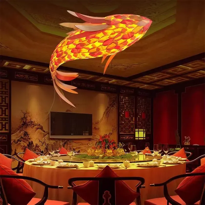 Custom Colorful Rattan Fish Chandelier Creative Post Modern Decorative Lamp Suitable For Chinese Architecture Material Design