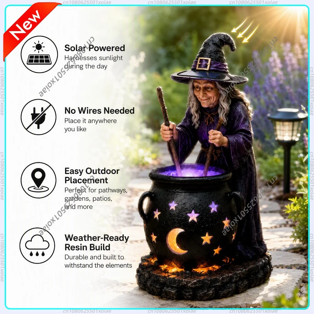 Halloween Solar Garden Light Witch Cauldron Resin Figurine Outdoor Decor Glowing Stars Moon Waterproof Yard Stake