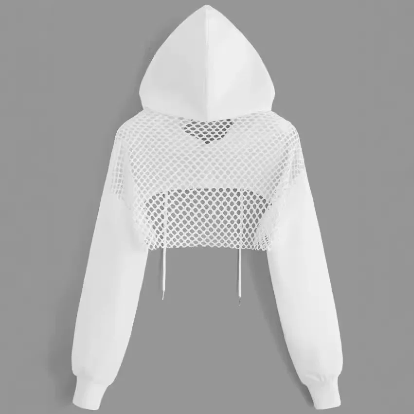 موضة بلون هوديس للنساء ربيع الخريف عادية بأكمام طويلة خياطة جوفاء شبكة بلوزات مثير سيدة بلوزات قصيرة