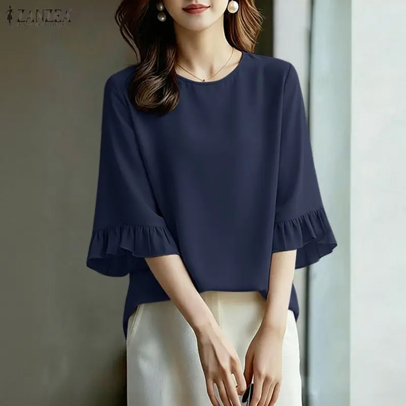 

Women's Elegant 3/4 Flared Sleeve Pullover Blouses Summer O-Neck Solid Color Tops ZANZEA Minimalist Casual Blusas de Mujer