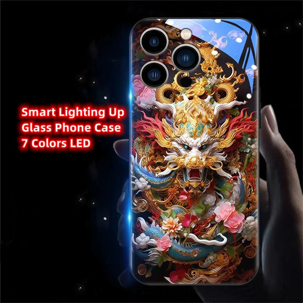 

Porcelain Colored Dragon LED Light Phone Case Glitter Shockproof Cover For Samsung S24 S23 S22 S21 S20 FE Note 10 Plus 20 Ultra