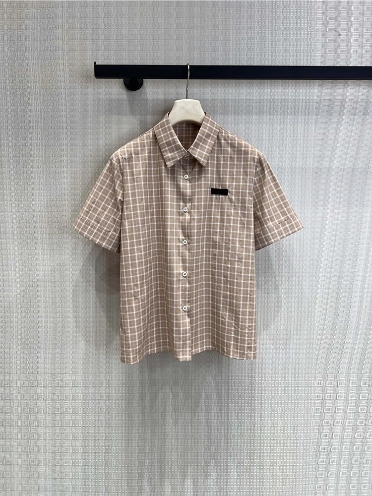 

Spring Summer Fashion Vintage Plaid Print Casual Cotton Blouses Women's Turn-down Collar Short Sleeve Single Breasted Shirt