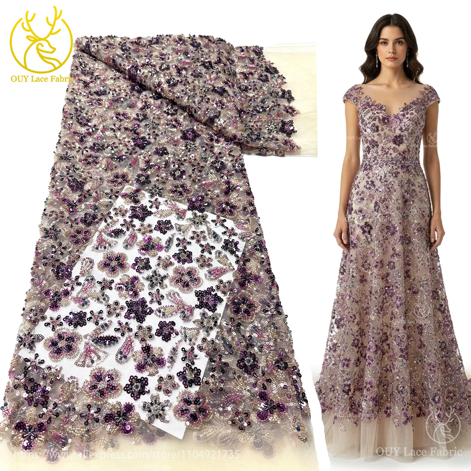 

2025 Luxury French Hand Embroidered Heavy Beaded Lace Fabric African Nigerian Sequin Lace Fabric for Bridal Wedding Dress Sewing
