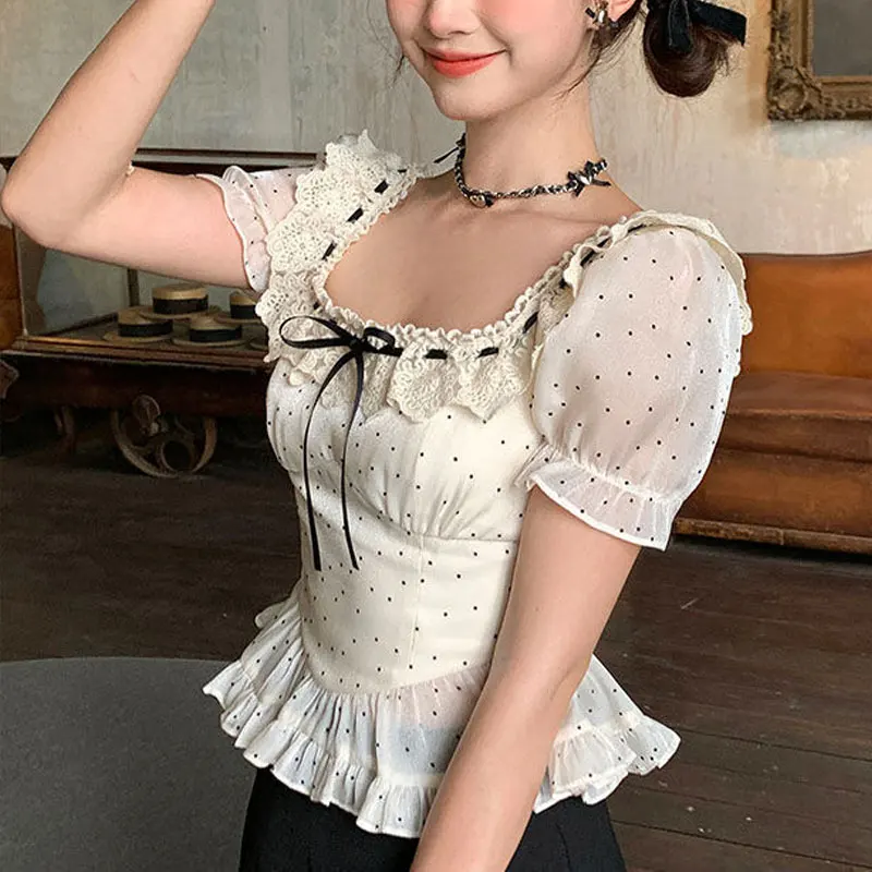 Elegant Square Collar Slim Blouse Polka Dot Female Clothing Stylish Lace Spliced Drawstring 2024 Summer French Style Waist Shirt