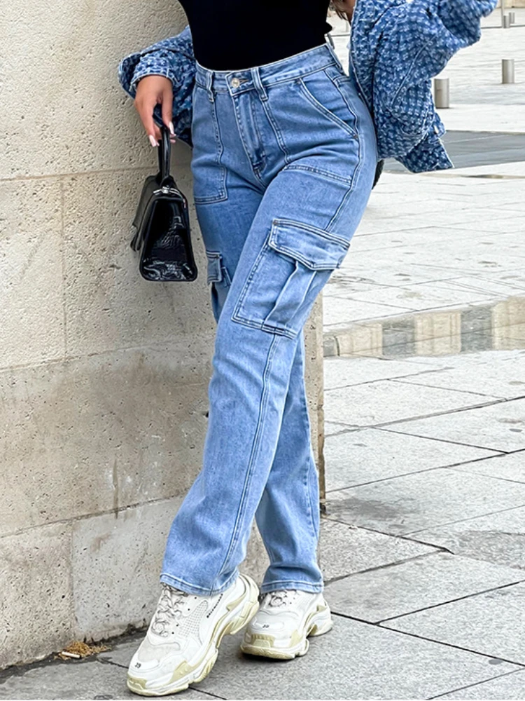 

XIZOU Blue Cargo Jeans for Women High Waisted Multi Pockets Streetwear y2k Straight Leg Long Trousers 2024 Korean Style Fashion