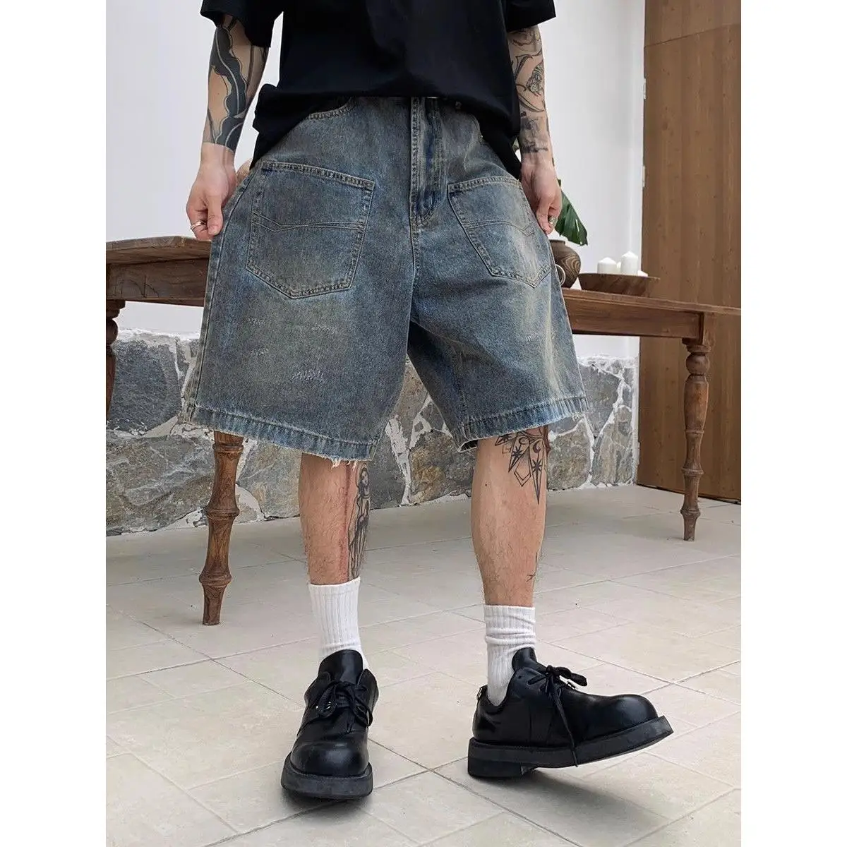 

Retro Vintage Blue Five-Quarter Men's orts Casual Loose Wide Leg Cotton Stretch Denim orts Youth ular Summer Design