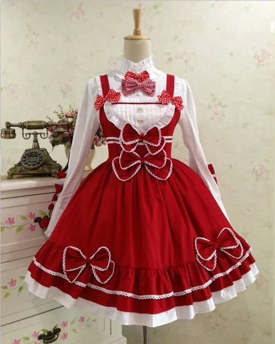 

Rococo-Burgundy Long Sleeve Blouse, Bow Collar, Frills A Line, Lolita Dresses