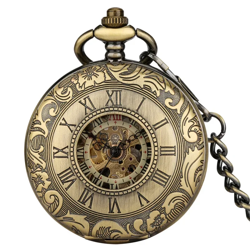 Antique Carved Roman Number Case Clock Men Women Handwinding Mechanical Pocket Watch Skeleton Timepiece Pendant Chain Gift Reloj