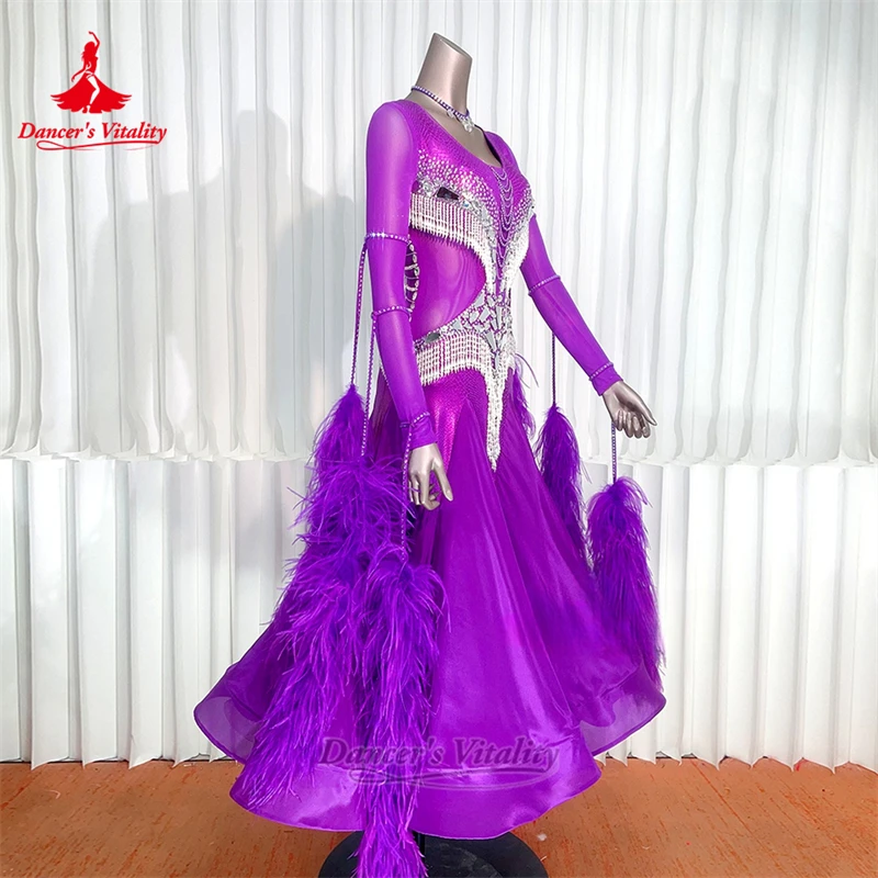 Femmes danse de salon plume d'autruche manches longues robes personnalisé adulte valse Foxtrot gracieux concours vêtements danseur vitalité