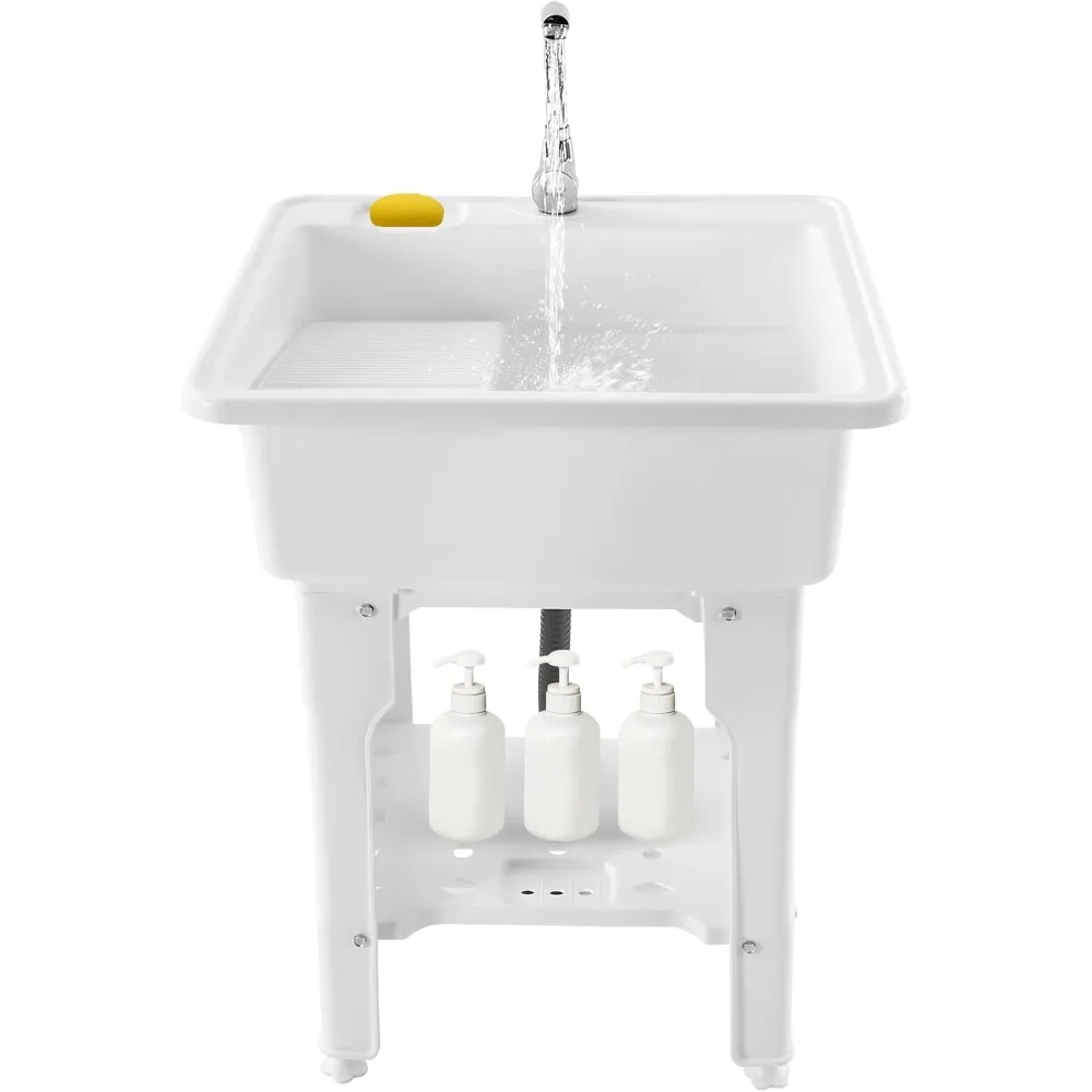 Freestanding Plastic Laundry Sink with Cold & Hot Water Faucet Indoor Outdoor Utility Sink with Washboard Hoses and Drain Kit